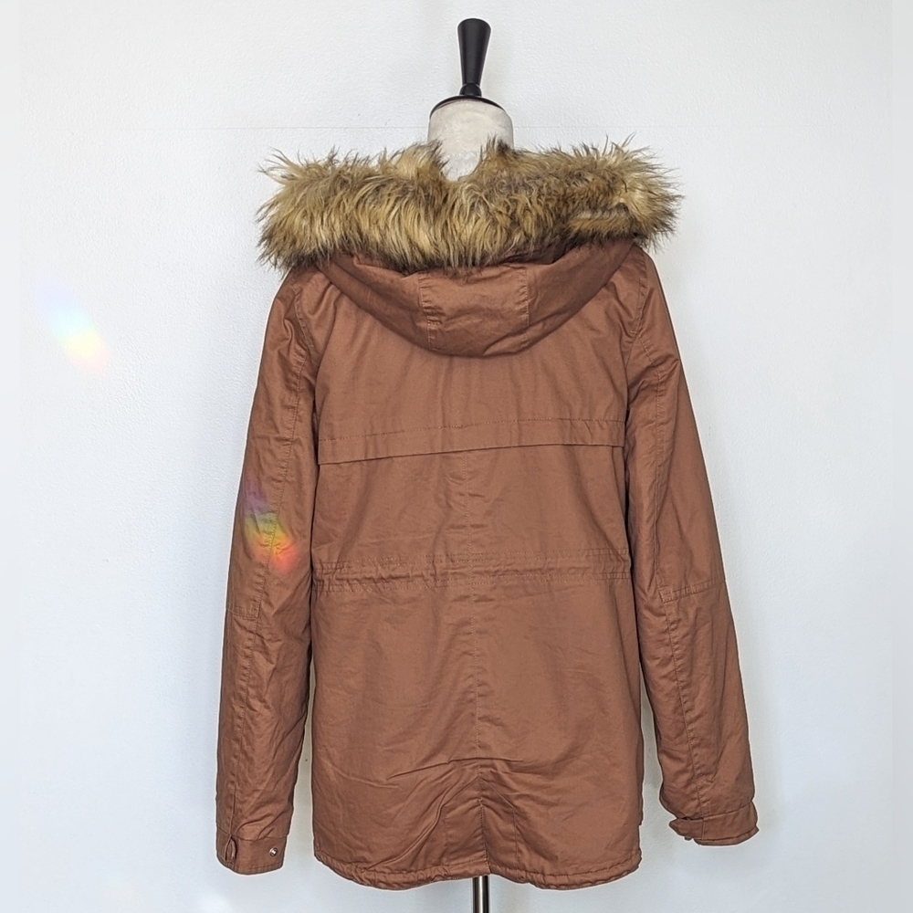 Love Tree Boutique Brown Faux Fur Trimmed Hood Sherpa Lined Jacket Coat Small - Picture 6 of 13